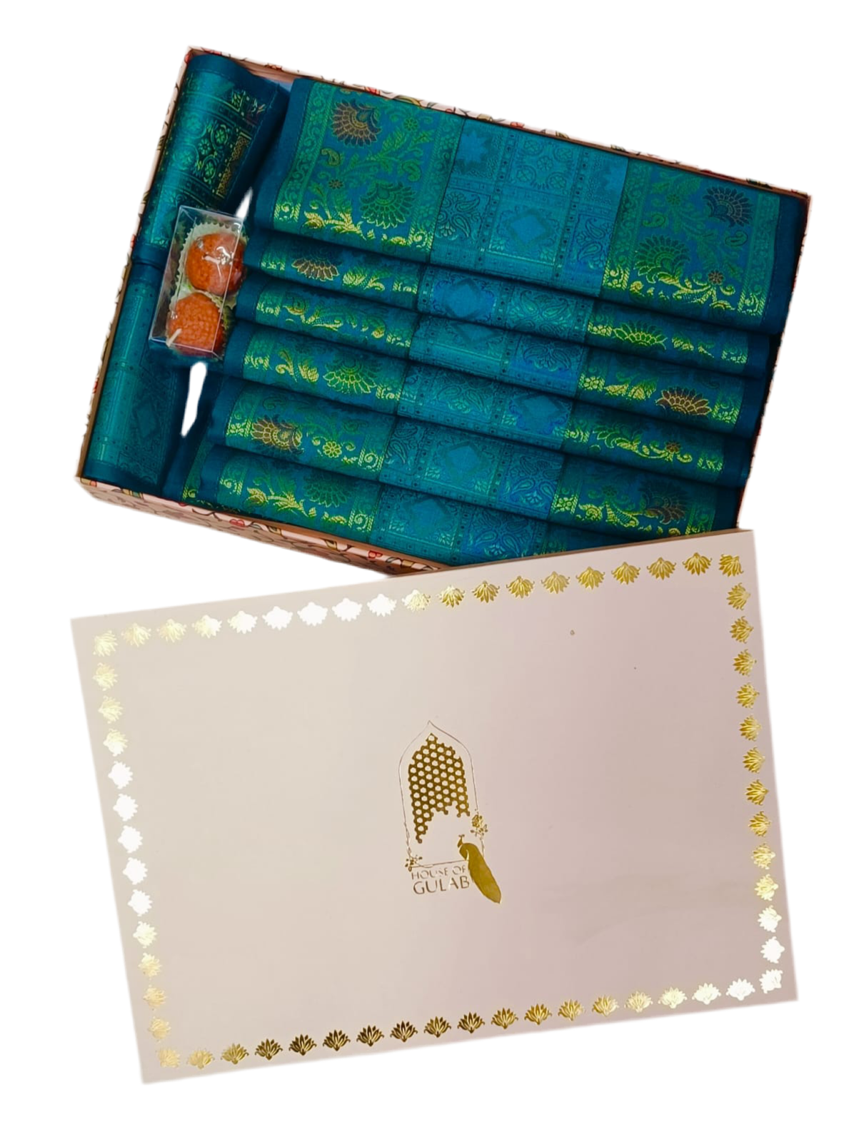 Diwali Gift Box with Banarasi Zari Table Runner, Set Of 6 Mats, 6 coaster & 2 laddoo candles