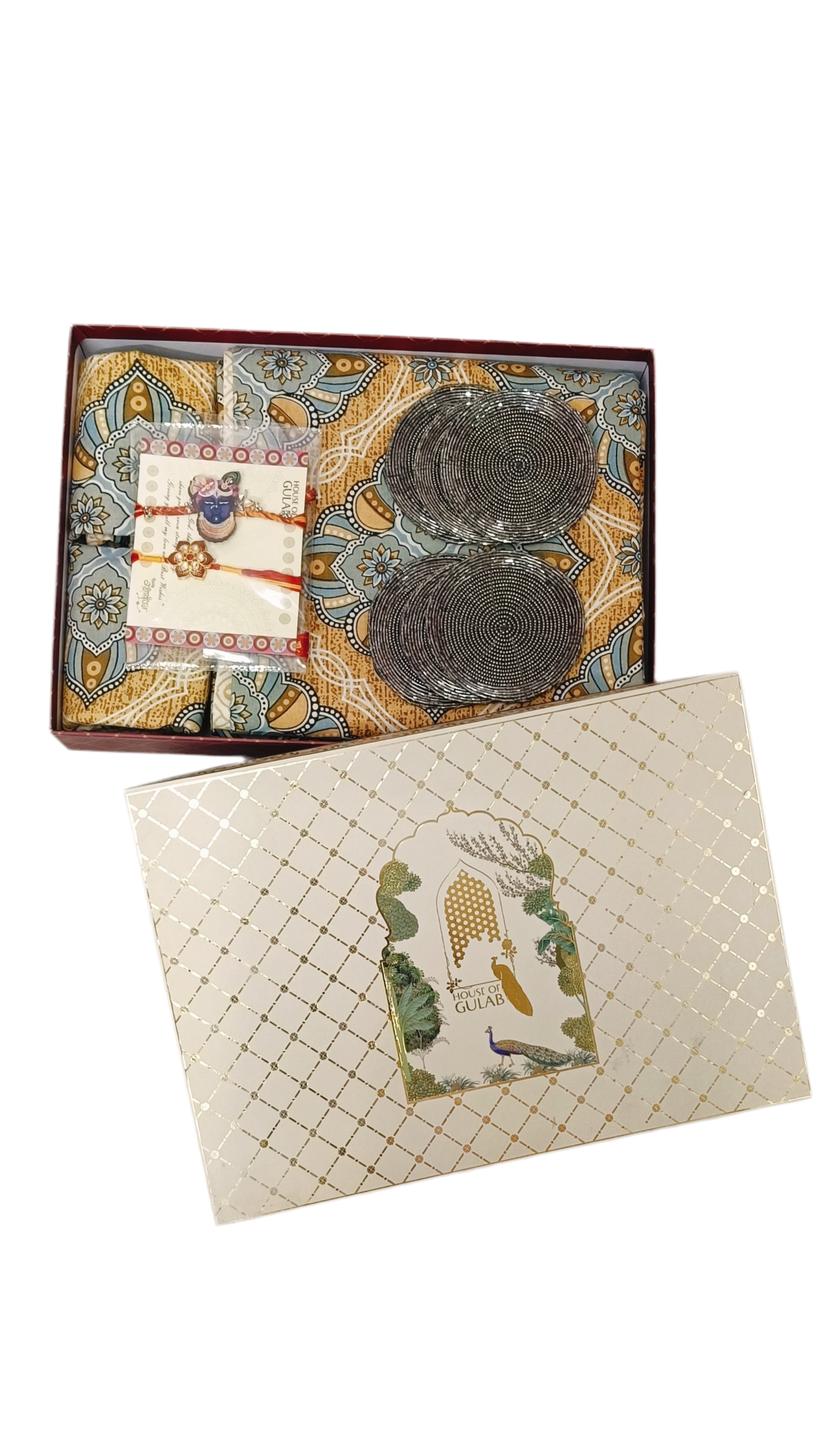 Rakhi Gift Box – Double Cotton Bedsheet, 2 Rakhi & 6 Beaded Coasters