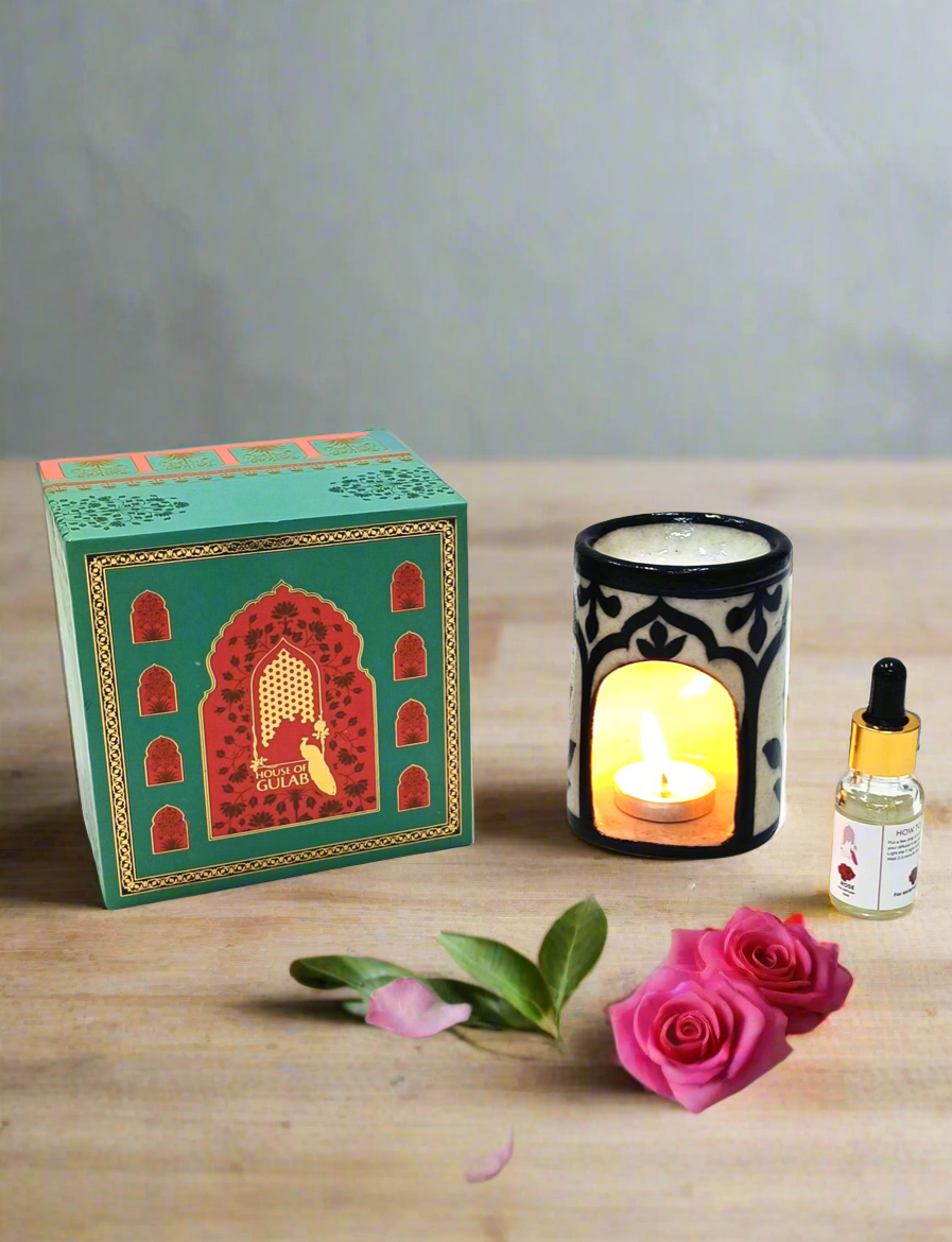 Jaipur Blue Pottery Aroma Oil Diffuser Gift Set – Rose Fragrance