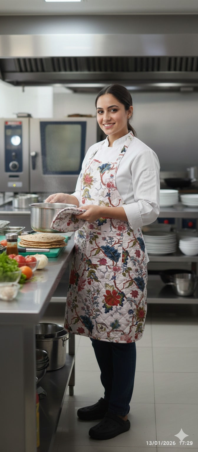 Cotton Unisex 1 Apron with 2 Microwave Gloves, 1 Roti Cover & 1 Microwave Pot Holder Trivets