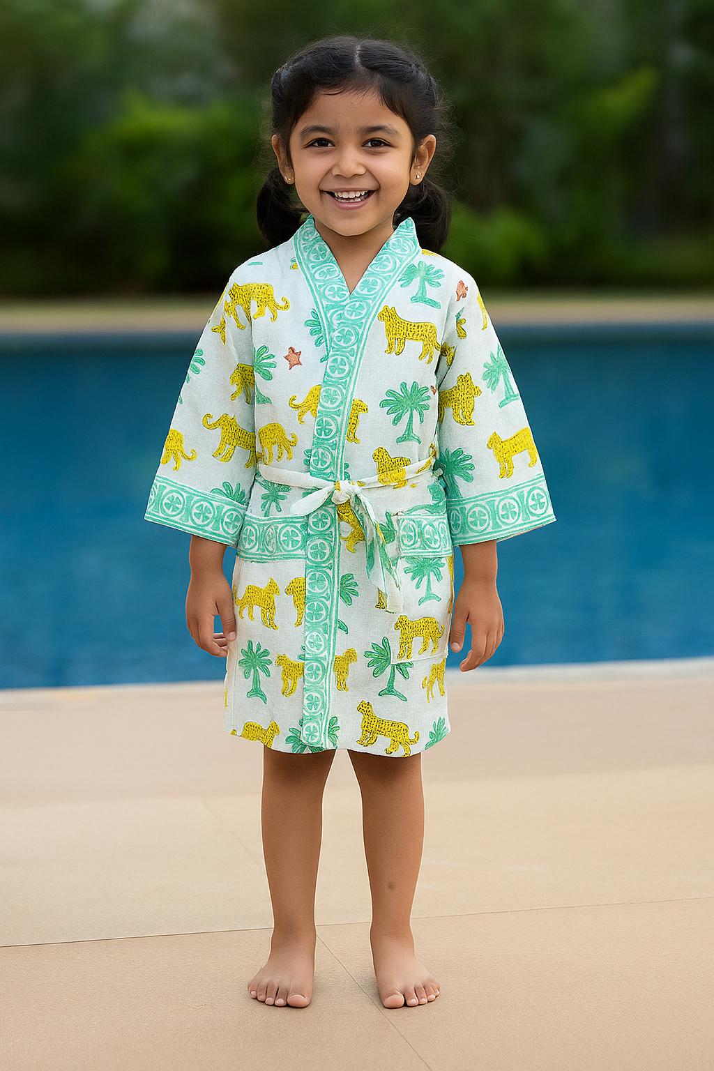 Handblock printed waffle cotton bathrobe for kids - 4-13 years old