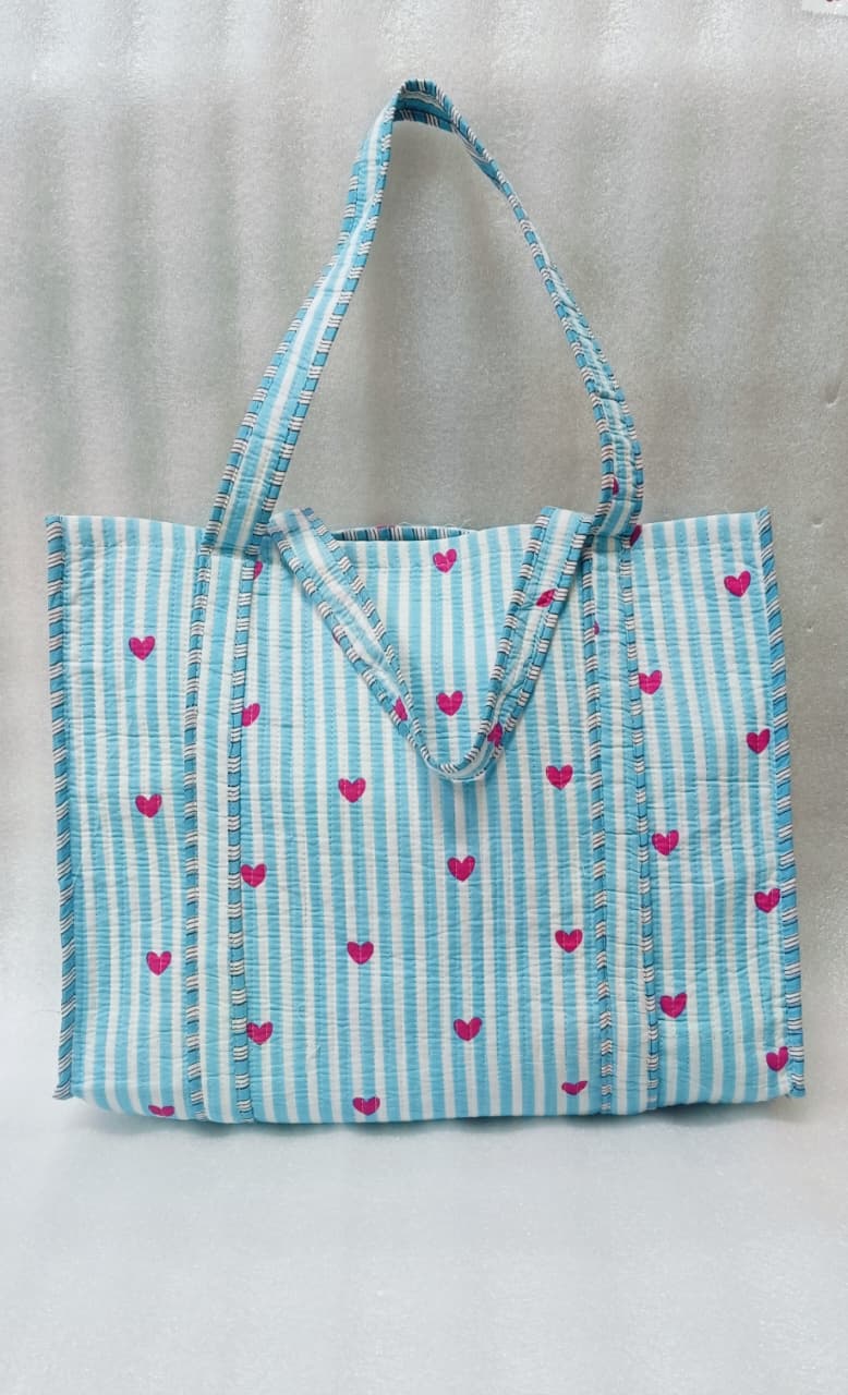 Handblock Printed Quilted Tote Bag without zip/button 17x18x 6 inches