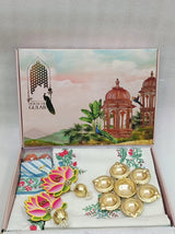 Diwali Gift Box | 1 Double Bedsheet, 1 Pair Door Hanging, 1 Metal Urli, 2 Laddoo Candles