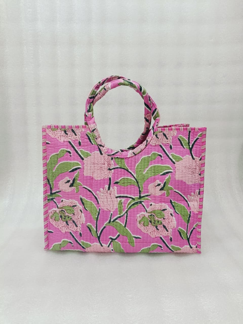 Handblock Printed Cotton Tote Bag with Unique Moon-Shaped Handle- 14x14x6 inches