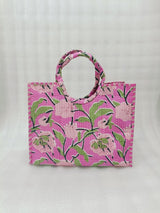 Handblock Printed Cotton Tote Bag with Unique Moon-Shaped Handle- 14x14x6 inches