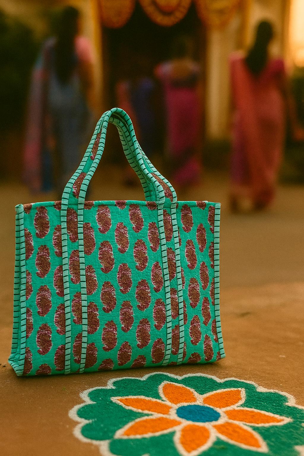 Handblock Printed Quilted Tote Bag without zip/button 17x18x 6 inches