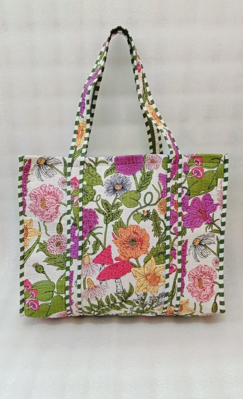 Handblock Printed Quilted Tote Bag without zip/button 17x18x 6 inches
