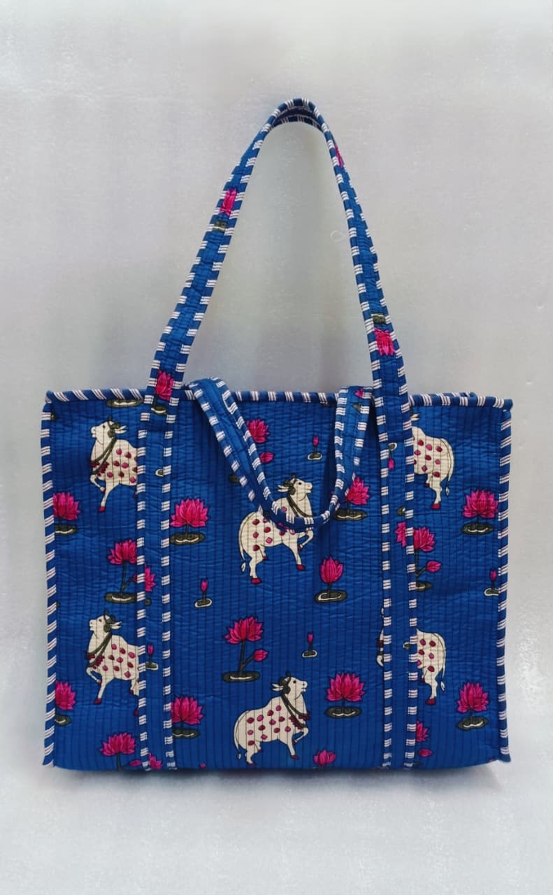 Handblock Printed Quilted Tote Bag with concealed zip ( 17x18x 6 inches)