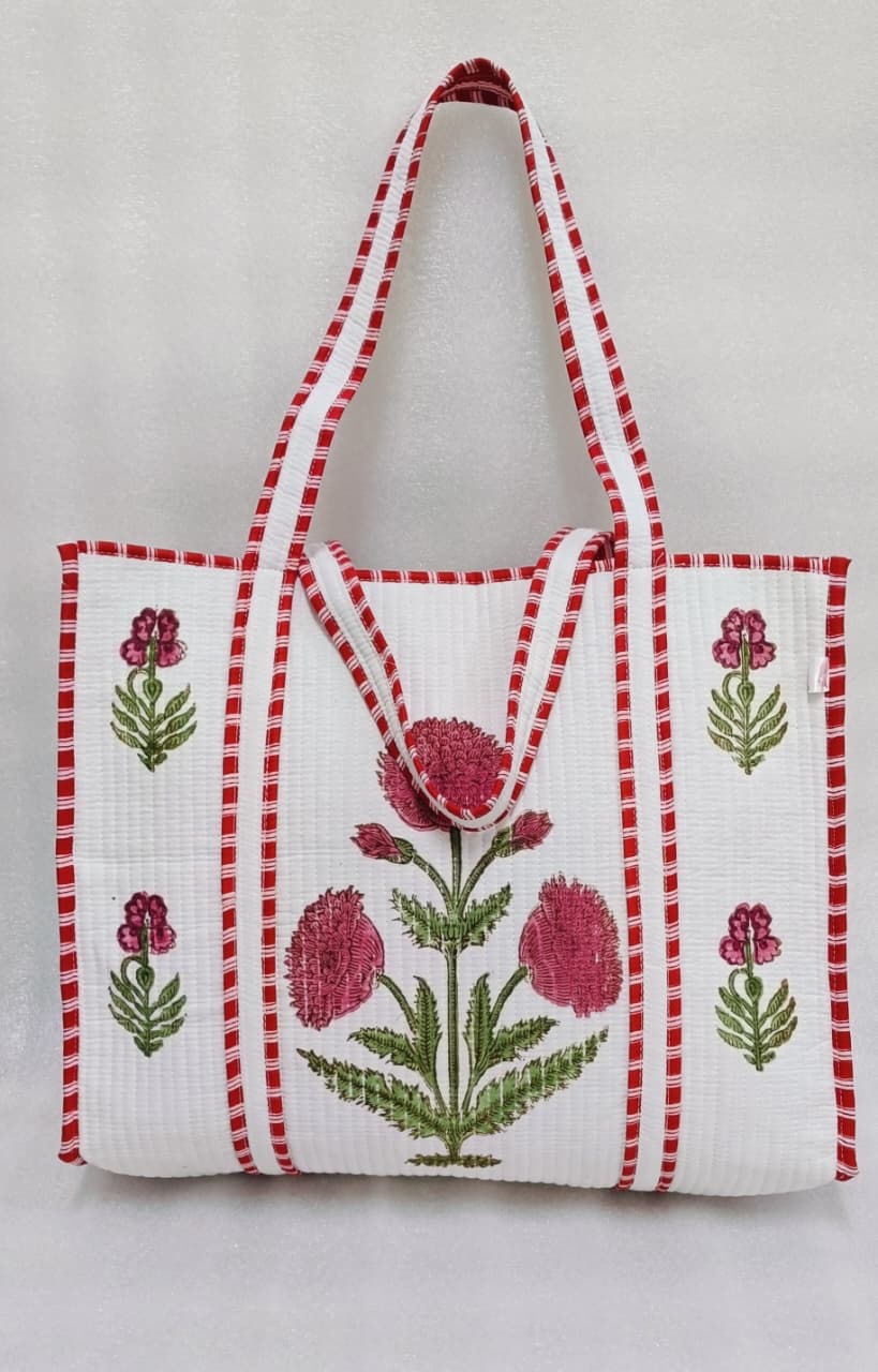 Classic White Block Printed Quilted Tote Bag without zip/button 17x18x 6 inches