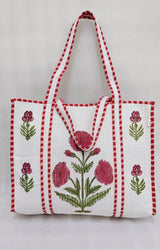 Classic White Block Printed Quilted Tote Bag without zip/button 17x18x 6 inches