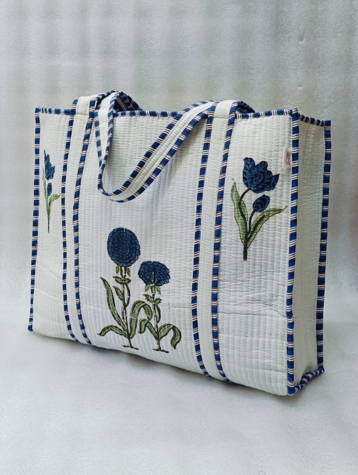 Classic White Block Printed Quilted Tote Bag without zip/button 17x18x 6 inches
