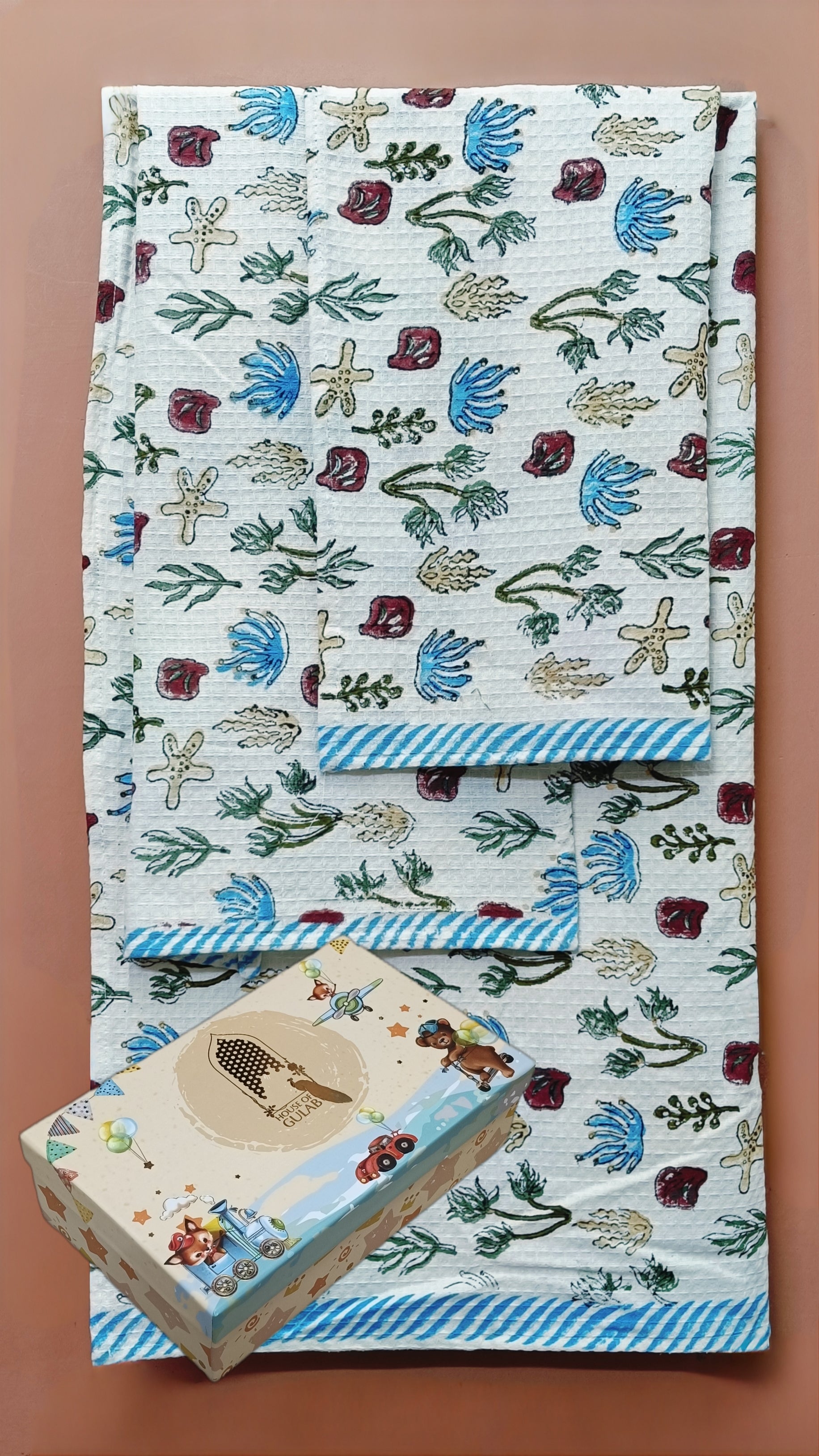 Gift Set - Handblock Printed Towels - 1 Bath + 2 Hand Towels