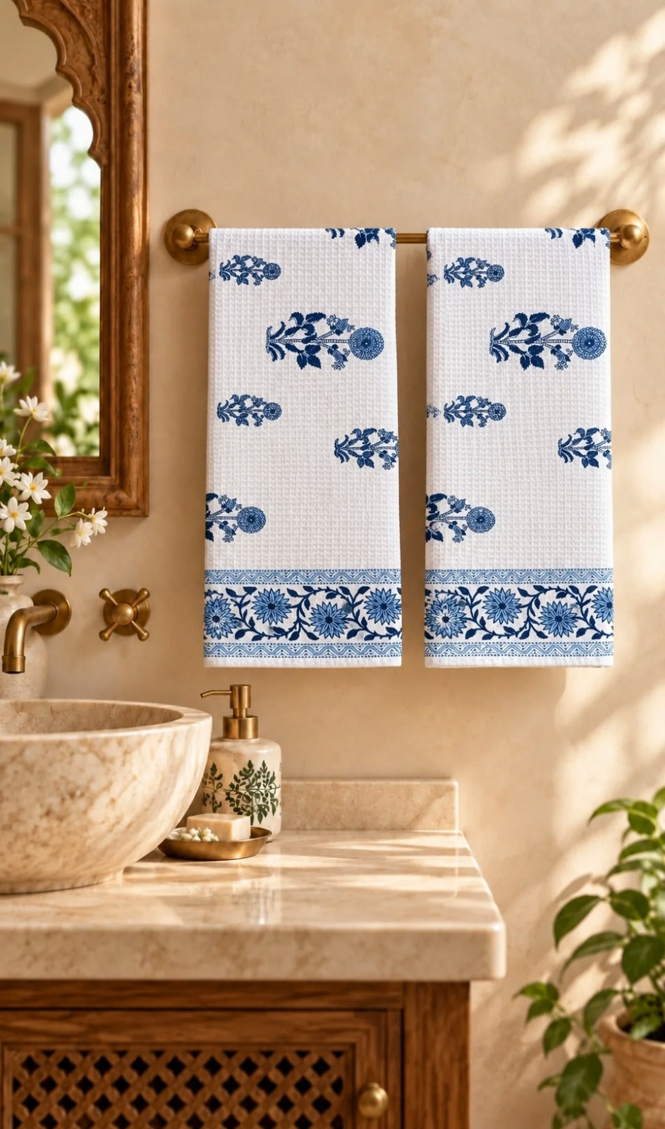 Diwali Gift Box | Set of 2 Waffle Cotton Handblock Printed Hand Towels