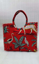 Handblock Printed Cotton Tote Bag with Unique Moon-Shaped Handle- 14x14x6 inches