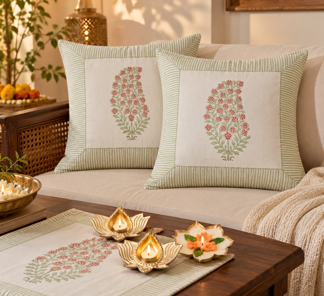 Diwali Home Décor Gift Box with 2 Cushion Covers, 1Handmade Floral Soy Wax Candle & 2 Metal Diyas