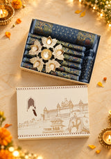 Diwali Gift Box with Banarasi Zari Table Runner, Set Of 6 Mats, 6 coaster, 6 inch Metal Urli