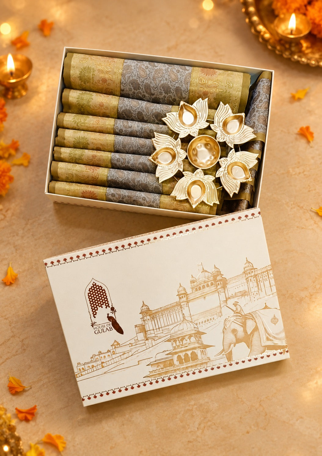 Diwali Gift Box with Banarasi Zari Table Runner, Set Of 6 Mats, 6 coaster, 6 inch Metal Urli