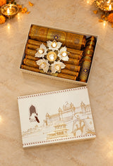 Diwali Gift Box with Banarasi Zari Table Runner, Set Of 6 Mats, 6 coaster, 6 inch Metal Urli