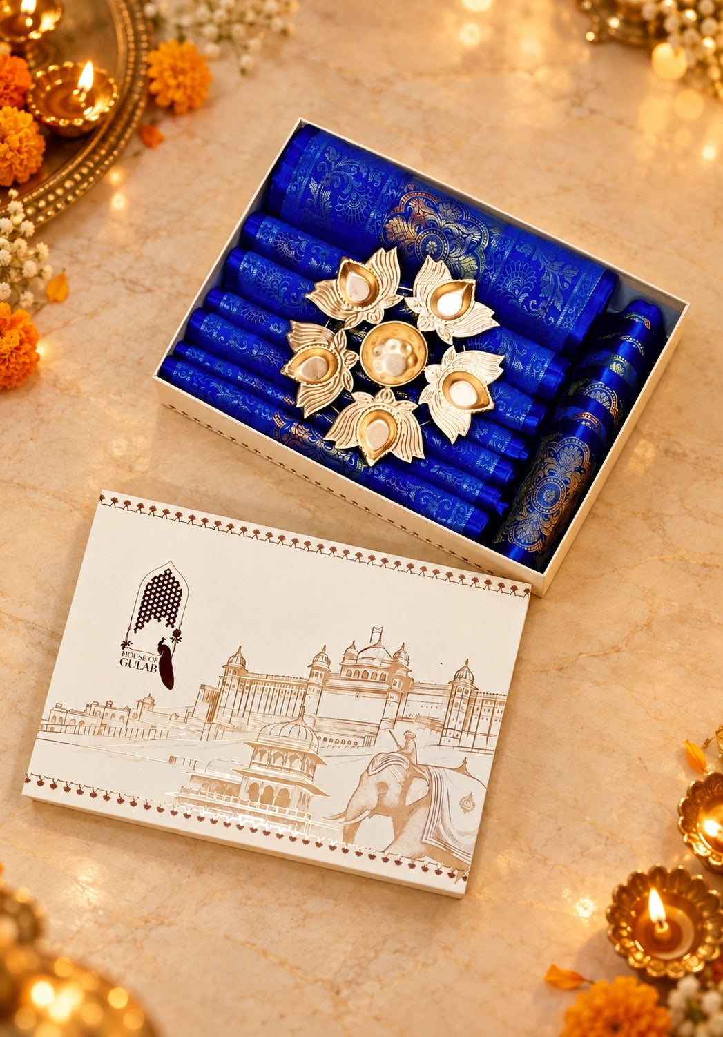 Diwali Gift Box with Banarasi Zari Table Runner, Set Of 6 Mats, 6 coaster, 6 inch Metal Urli