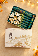 Diwali Gift Box with Banarasi Zari Table Runner, Set Of 6 Mats, 6 coaster, 6 inch Metal Urli