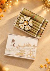 Diwali Gift Box with Banarasi Zari Table Runner, Set Of 6 Mats, 6 coaster, 6 inch Metal Urli