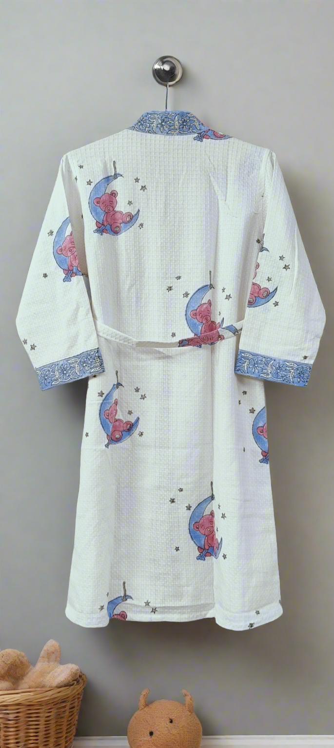 Handblock printed waffle cotton bathrobe for kids - 4-13 years old