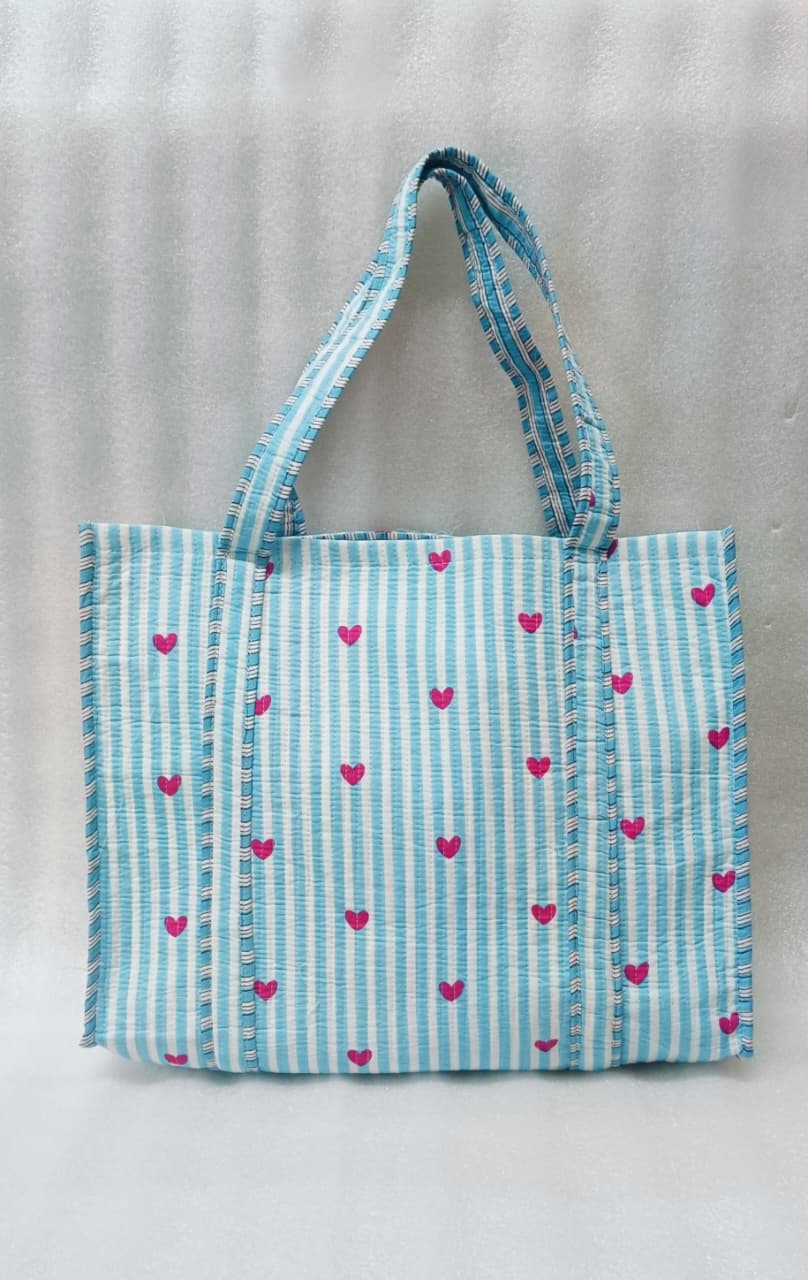 Handblock Printed Quilted Tote Bag without zip/button 17x18x 6 inches
