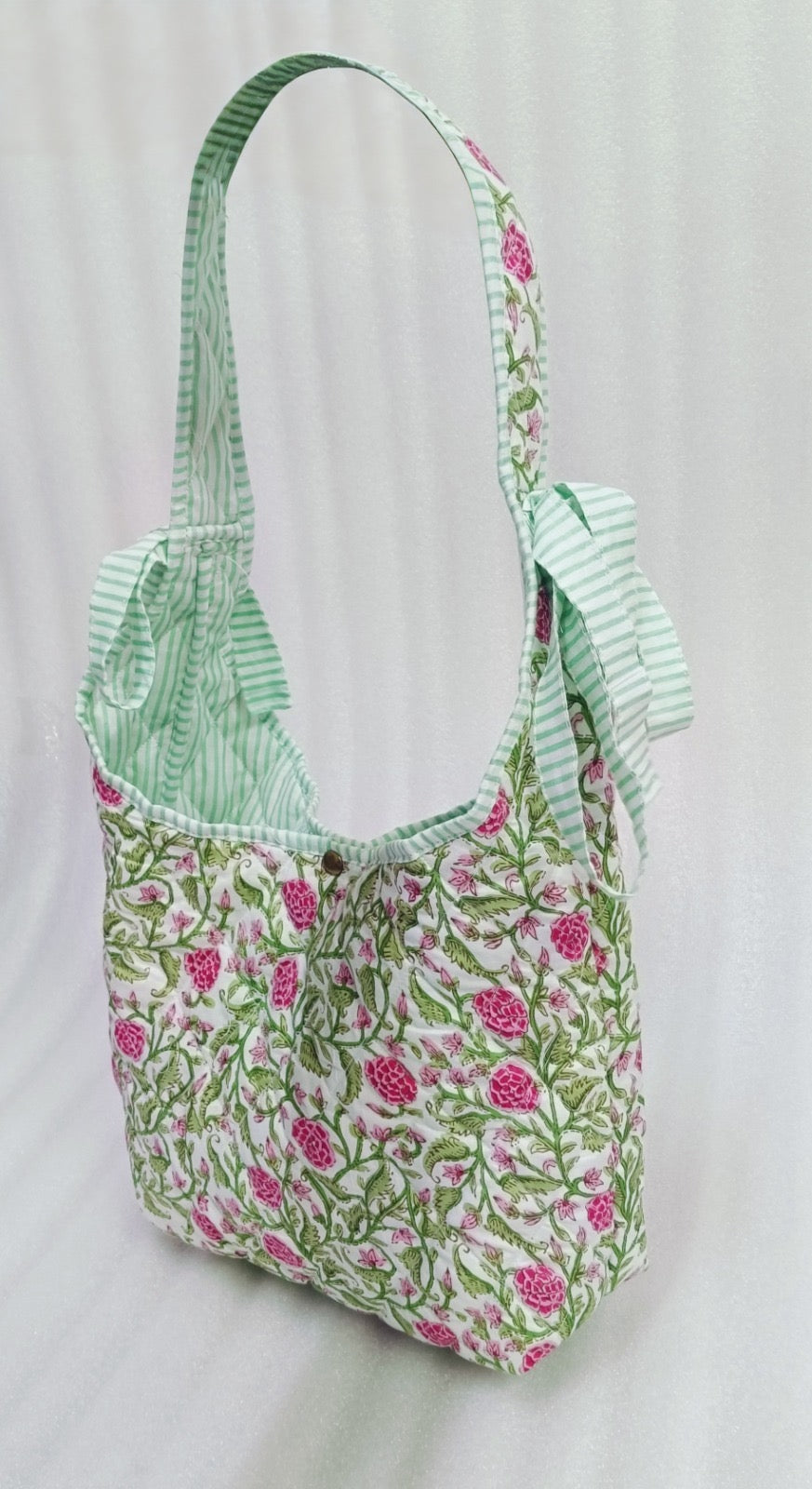Quilted Handblock printed Slouch Shoulder Bag with bow