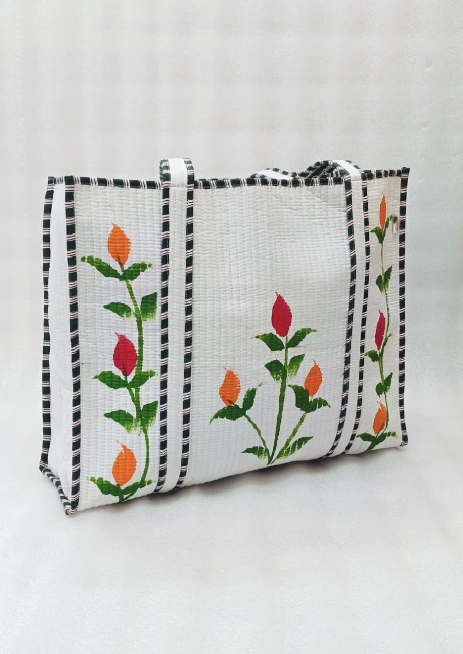 Hand-Painted Floral Tote Bag – Double-Sided Artisan Cotton Tote | Spacious Everyday Carry Bag (No Zip)- 17x18x6 inches
