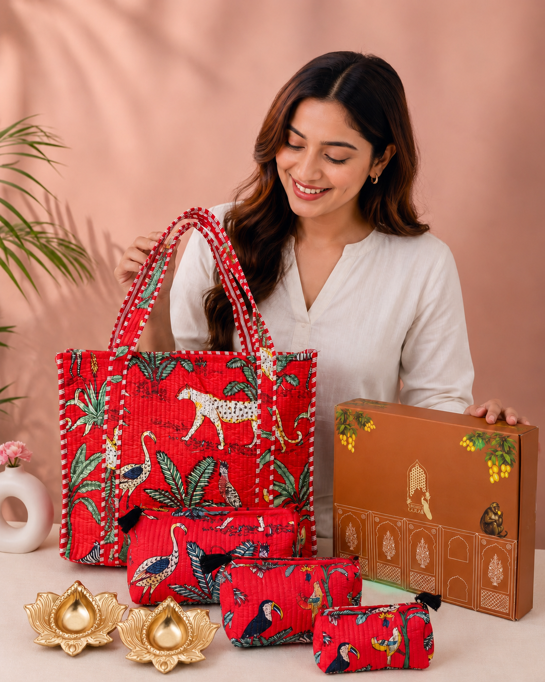 Diwali Gift Box Stylish Tote Bag with 3 Coordinated Utility Pouches with Set of 2 Metal Diyas