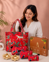 Diwali Gift Box Stylish Tote Bag with 3 Coordinated Utility Pouches with Set of 2 Metal Diyas