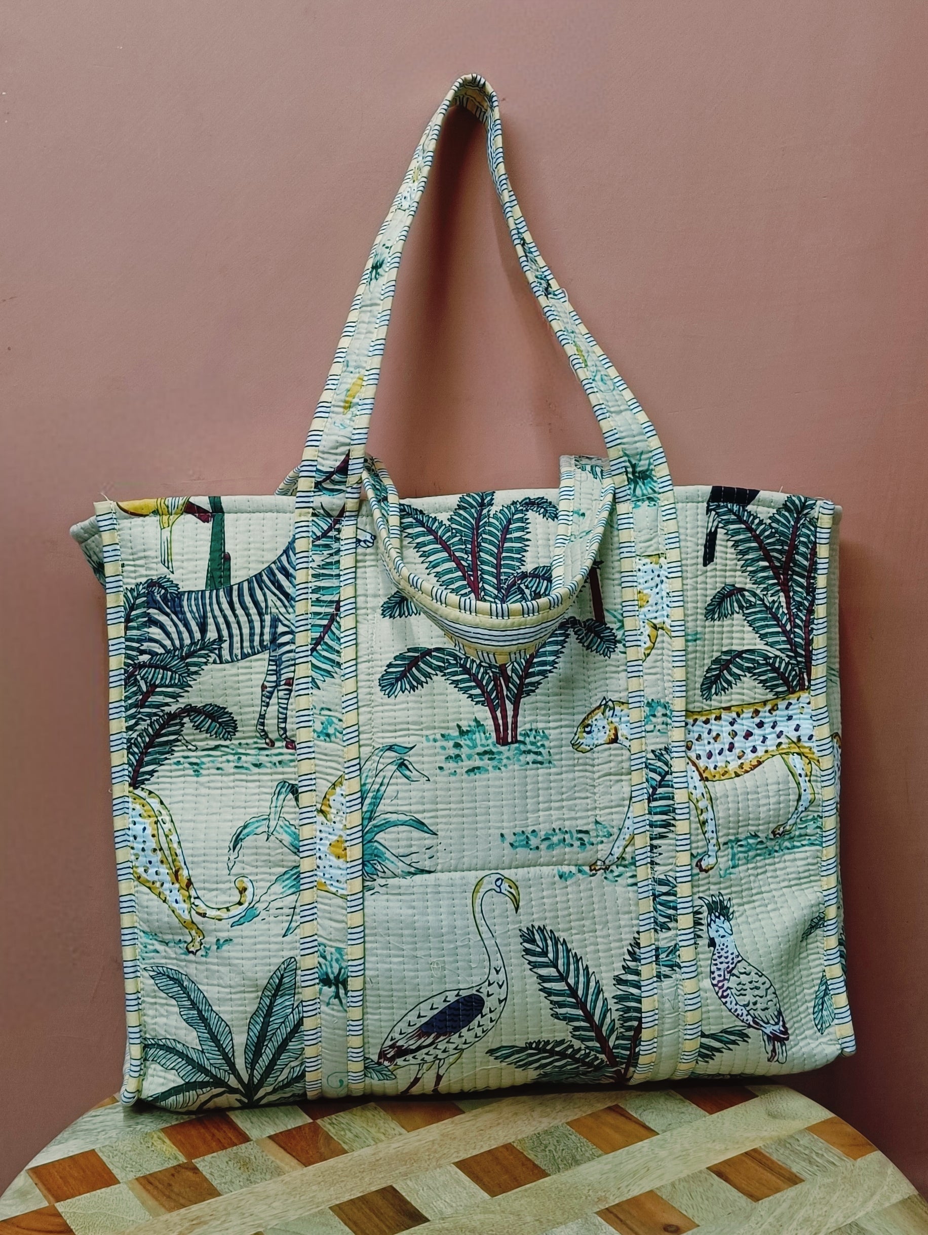 Handblock Printed Quilted Tote Bag without zip/button 17x18x 6 inches