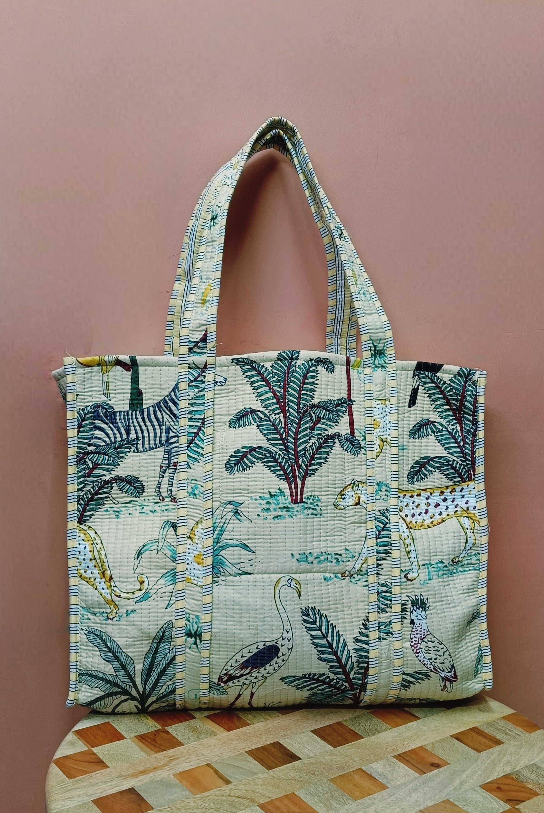 Handblock Printed Quilted Tote Bag without zip/button 17x18x 6 inches