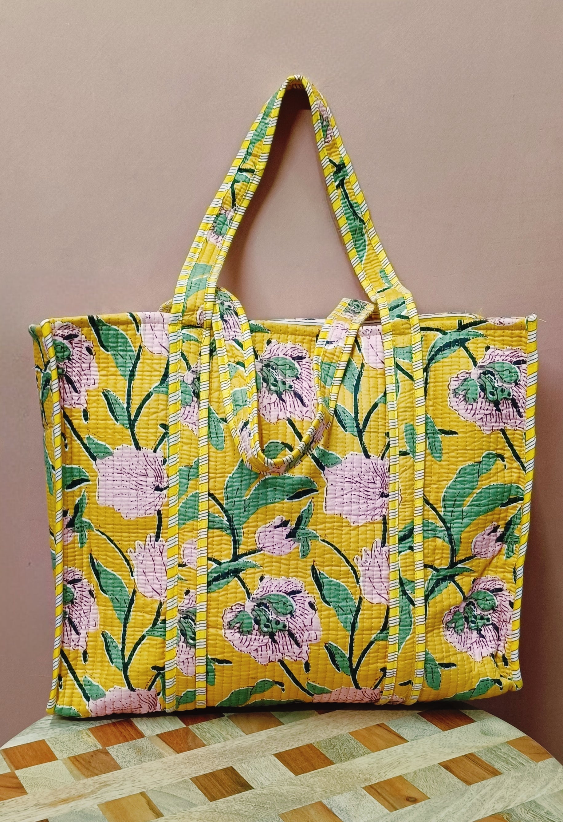 Handblock Printed Quilted Tote Bag without zip/button 17x18x 6 inches