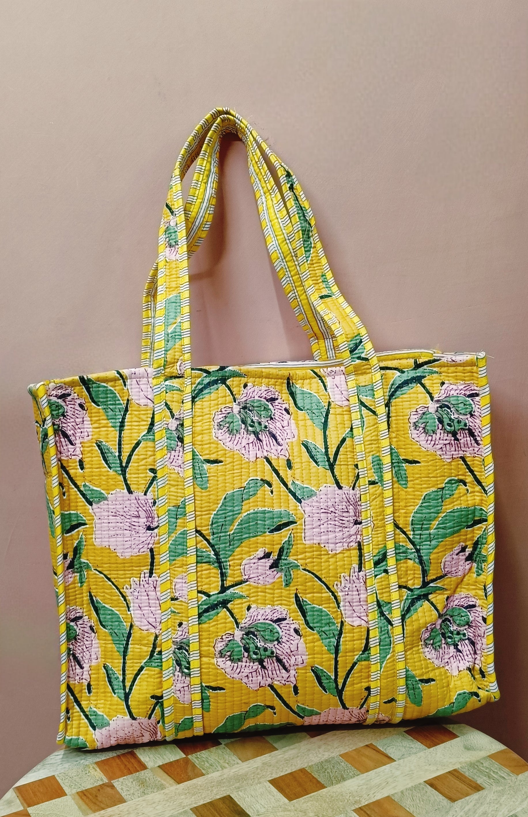 Handblock Printed Quilted Tote Bag without zip/button 17x18x 6 inches