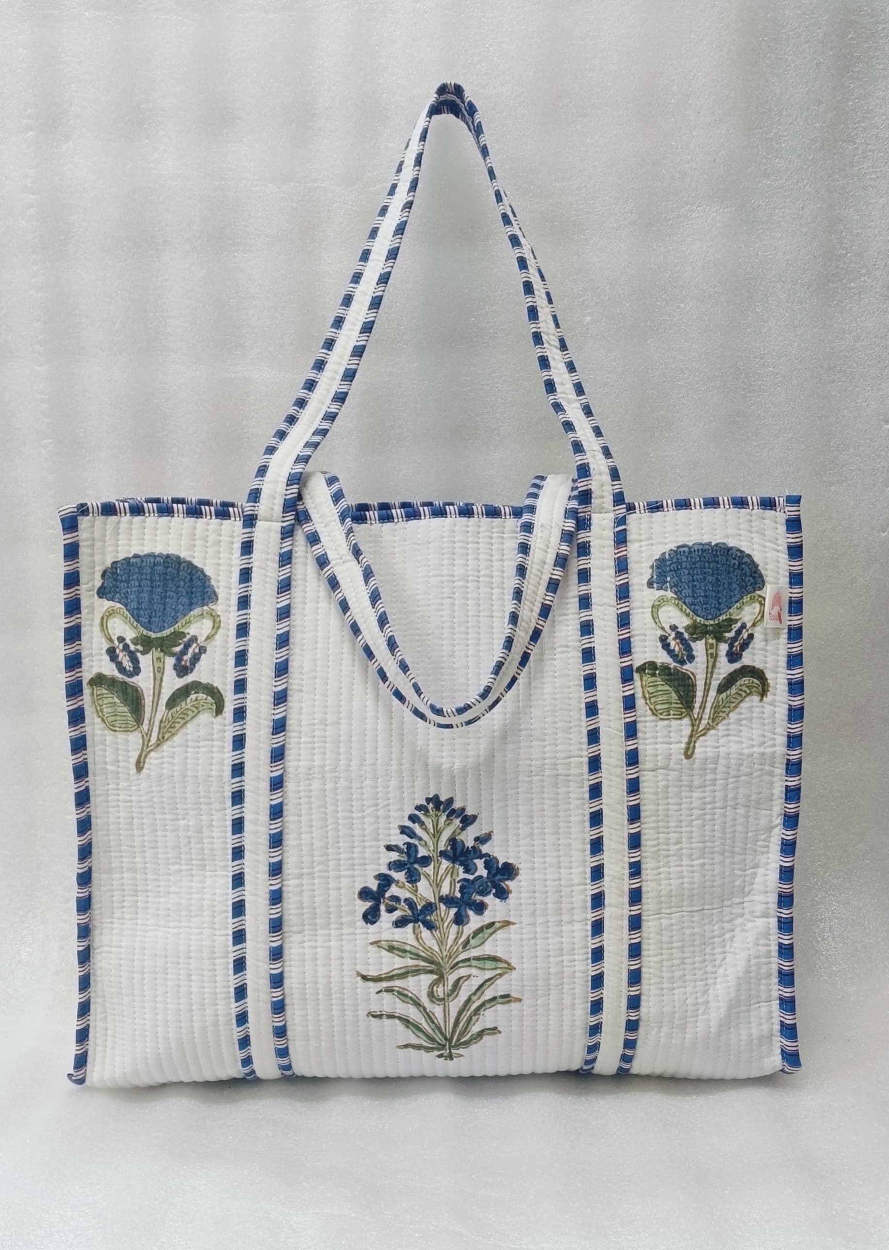 Classic White Block Printed Quilted Tote Bag without zip/button 17x18x 6 inches