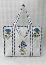 Classic White Block Printed Quilted Tote Bag without zip/button 17x18x 6 inches