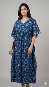 Black & Red Floral Print Cotton Kaftan Maxi Dress