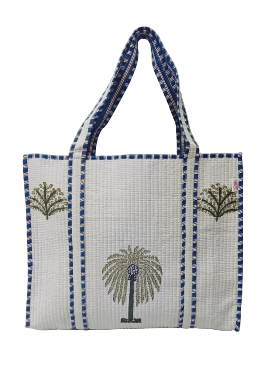 Classic White Block Printed Quilted Tote Bag without zip/button 17x18x 6 inches