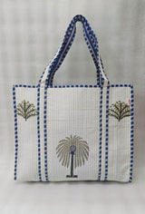 Classic White Block Printed Quilted Tote Bag without zip/button 17x18x 6 inches