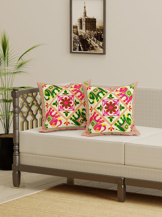 Set of 2 Pink & Beige Ethnic Motifs Cotton Square Cushion Covers