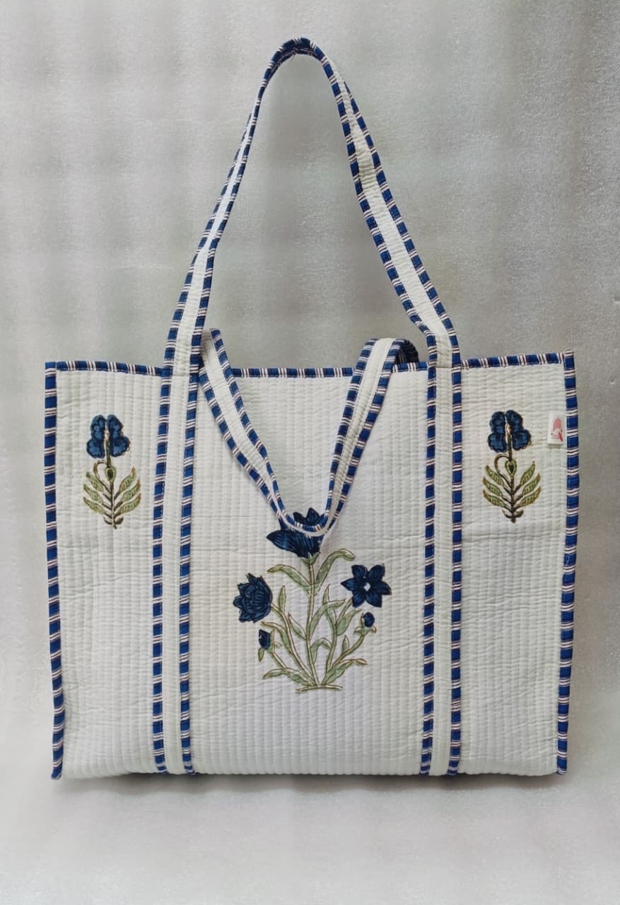 Classic White Block Printed Quilted Tote Bag without zip/button 17x18x 6 inches