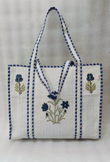 Classic White Block Printed Quilted Tote Bag without zip/button 17x18x 6 inches