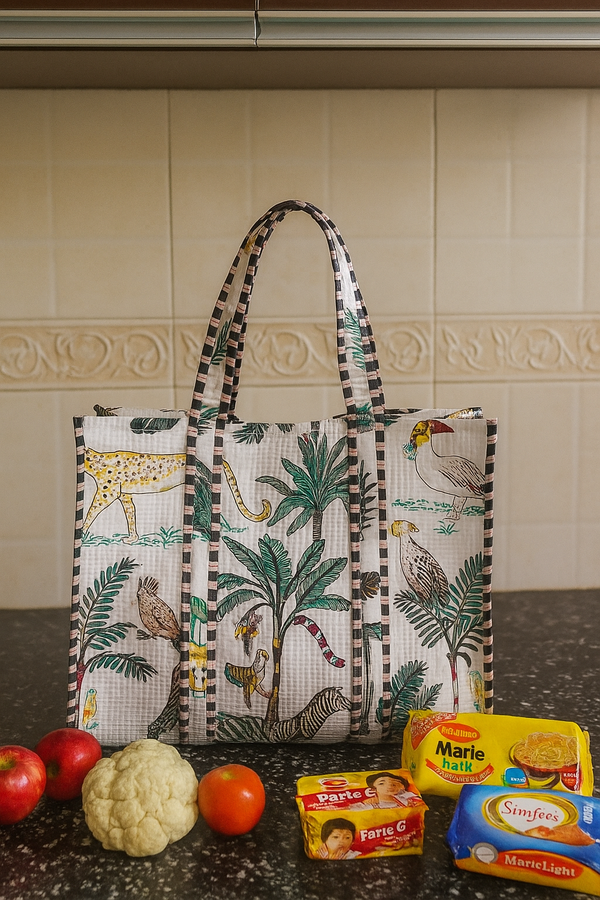 Handblock Printed Quilted Tote Bag without zip/button 17x18x 6 inches