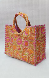 Handblock Printed Cotton Tote Bag with Unique Moon-Shaped Handle- 14x14x6 inches