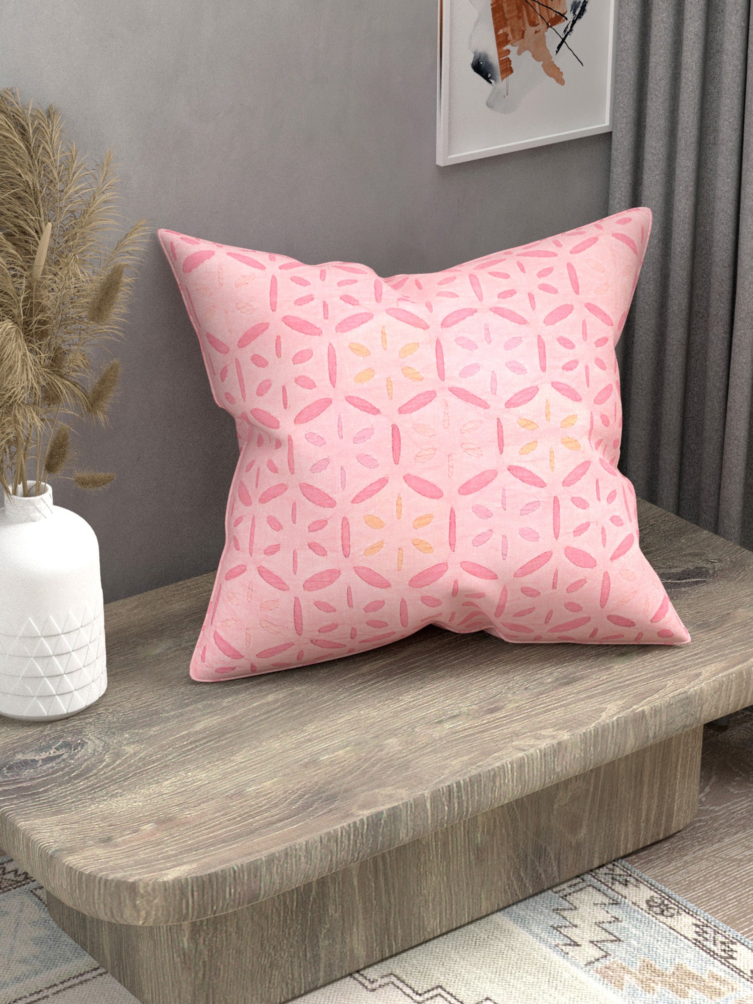 Handmade cotton applique work cushion cover - 16 X16 Inches