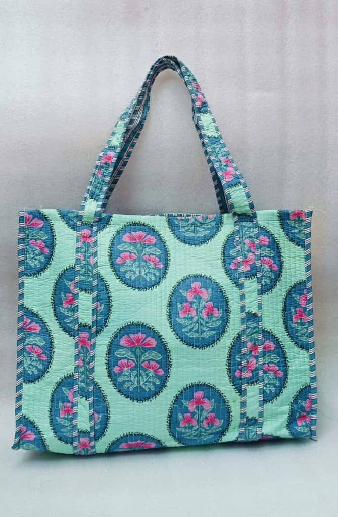 Handblock Printed Quilted Tote Bag without zip/button 17x18x 6 inches