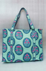 Handblock Printed Quilted Tote Bag without zip/button 17x18x 6 inches