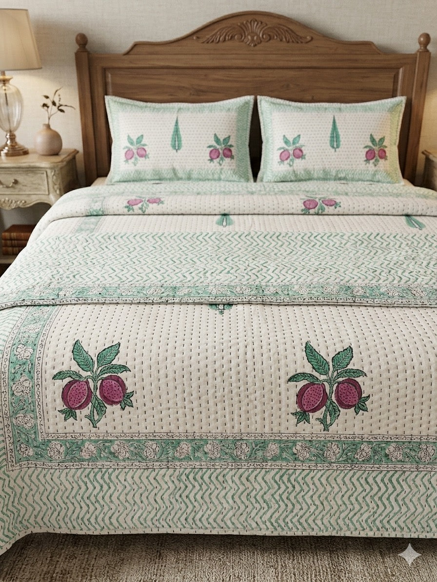 Super King Size HandBlock Printed Kantha Bedcover with 2 Pillow covers (108x108 inches)
