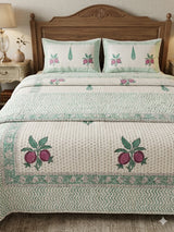 Super King Size HandBlock Printed Kantha Bedcover with 2 Pillow covers (108x108 inches)